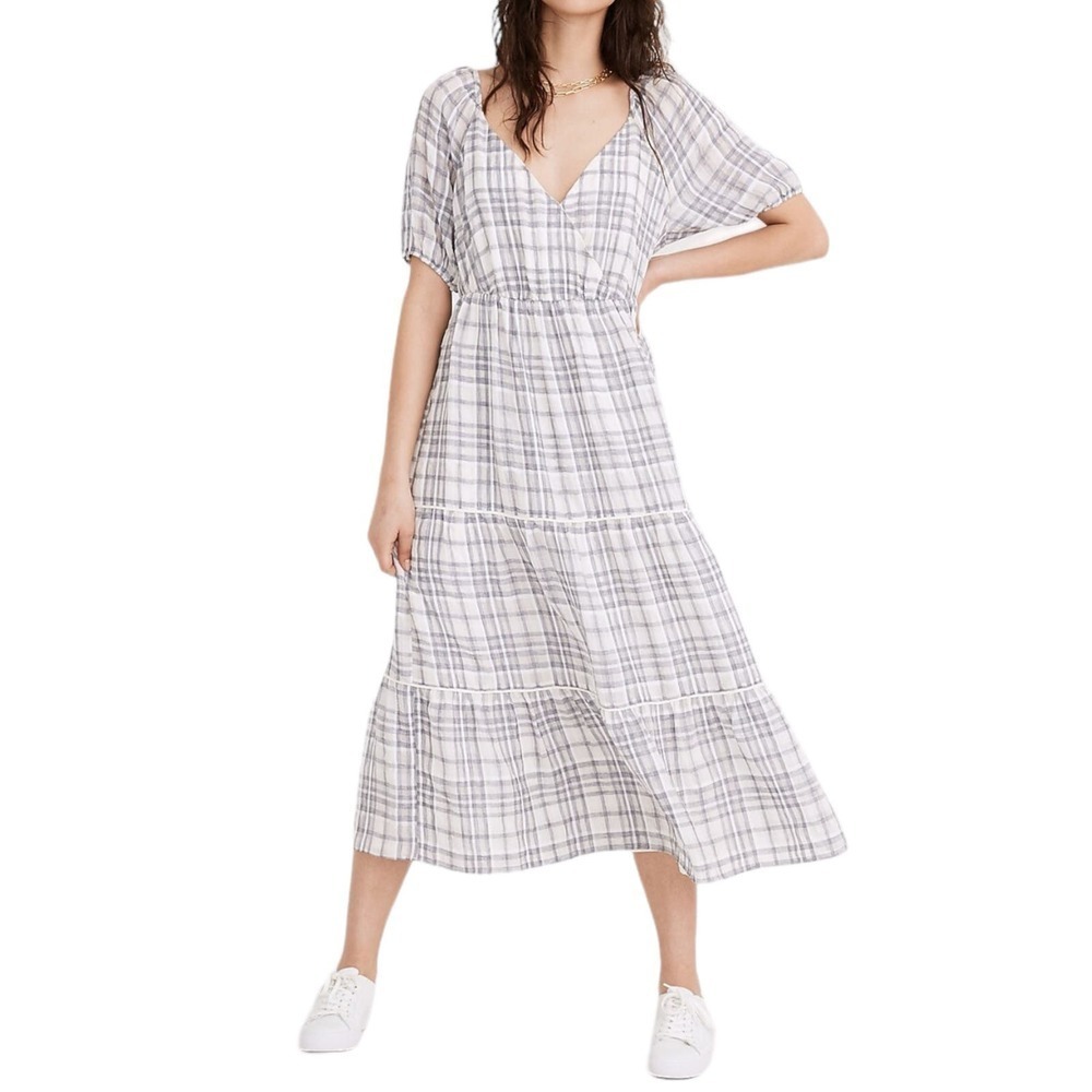 New Women’s Madewell Puff-Sleeve Faux-Wrap Tiered Midi Dress Size 10